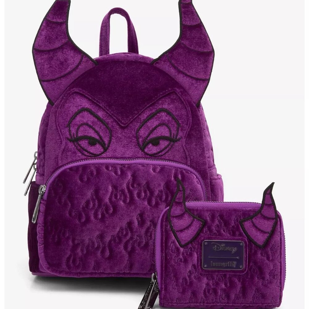 Loungefly Sleeping Beauty Purple Velvet Maleficent Figural Backpack & Wallet NWT